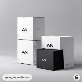 Stacked white and black boxes with minimalist design.