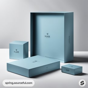 Large and small blue boxes with open lids on a grey background.