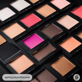 Close-up of colorful makeup compacts with shades of pink, brown, and coral.