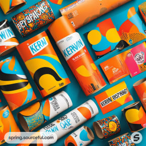 Assorted orange and blue cylindrical packages with abstract patterns.