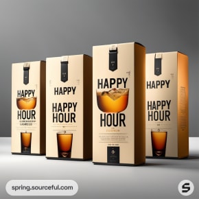 Array of 'HAPPY HOUR' boxed beverages with realistic liquid graphics on light tan packaging.