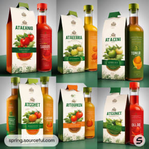 Four bottles paired with green and beige packaging featuring vegetable designs.