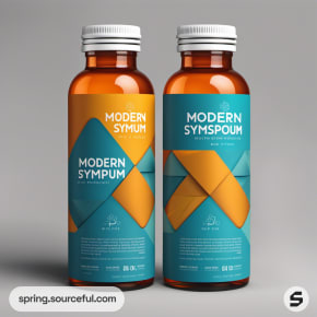 Two amber bottles with teal and orange geometric patterns on gray background.