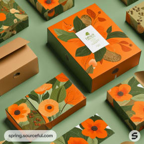 Assorted orange floral boxes on green background with leaf patterns.