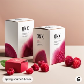 Two ONX boxes with vibrant raspberry designs next to fresh raspberries on a beige background.