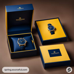 Blue and yellow boxes for luxury watches, some with watches displayed.