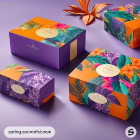 Colorful mailer boxes with tropical floral designs in purple and orange shades on a gradient purple background.