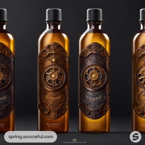 Brown bottles with intricate steampunk designs and black caps in a row.