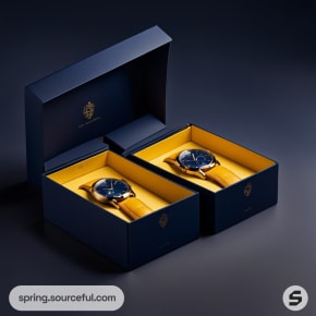 Open blue watch boxes with yellow interior holding wristwatches.