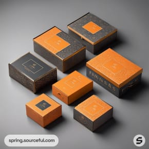 Set of gray and orange boxes with sleek patterns.