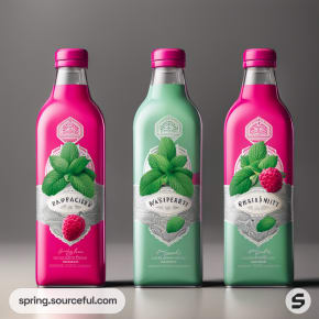 Three colorful bottles with fruit and mint designs, two pink and one green, on a neutral background.