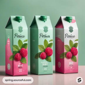 Three carton juice boxes with mint and raspberry designs, featuring green and pink color themes.