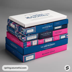 Stacked game boxes in blue, pink, and white with various labels.