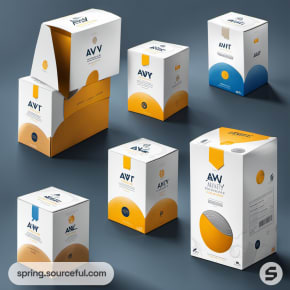 Boxes with modern design; white, orange, and blue accents on gray surface.