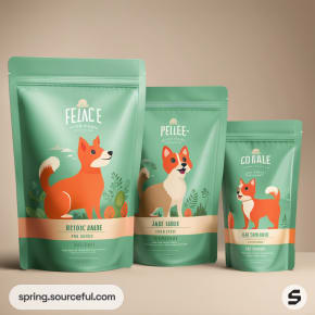 Green resealable pouches with cartoon dogs, sizes small to large, labeled as 'Heporic Horse', 'Jolly Horse', 'Corgale'.