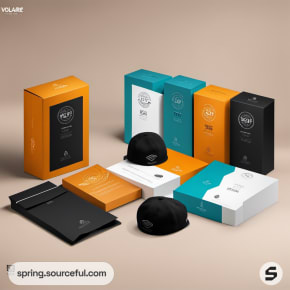 Assorted black, orange, teal packaging with minimalist branding on beige background.