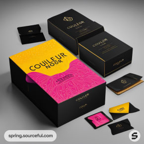 Bold black and yellow packaging with vibrant accents.