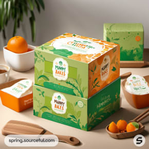 Green and orange rectangular boxes with 'Mummy Bakes' and citrus illustrations on a wooden table.