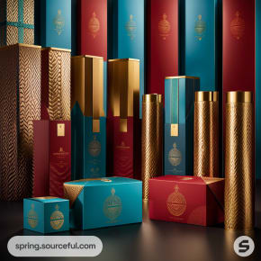 Luxury teal and maroon packaging with gold geometric patterns, includes boxes and cylindrical containers.