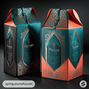 Two luxurious teal and orange boxes with ornate designs and glossy finishes.