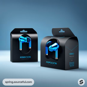 Black and blue earphones in high-gloss packaging with hangtag design against a dark blue gradient background.