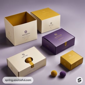 Assorted cardboard boxes in beige, purple, and gold on a purple surface with decorative balls.