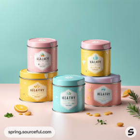 Pastel tins with fruit designs and health theme on teal background.