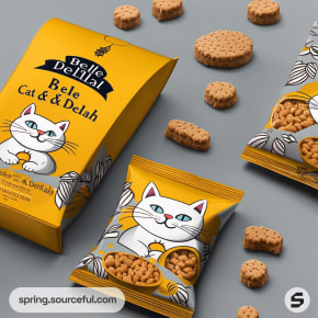 Yellow bag of cat biscuits with cartoon cat and scattered biscuits.