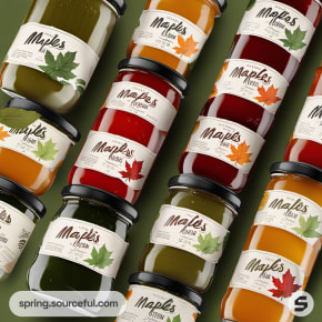 Multiple jars of preserves with white labels, featuring colored leaf designs, arranged diagonally.