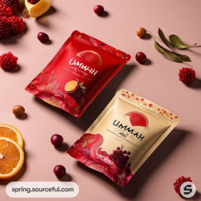 Two pouches, one red and one cream, with citrus and berry designs.