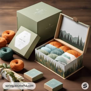 Yarn storage box with forest-themed design and matching accessories.