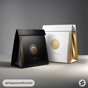 Elegant black and white gift bags with gold accents and circular emblem, set on a gray background.