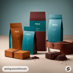 Coffee pouches and chocolate bars in blue, orange, brown on a light surface.