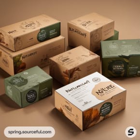 Rustic boxes with labels and green foliage graphics positioned on a muted background.