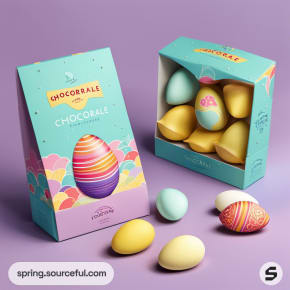 Colorful Easter packages with egg motifs on a purple backdrop.