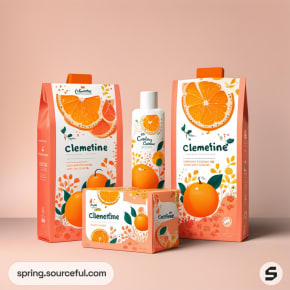 Clementine-themed packaging with citrus designs on a peach background.