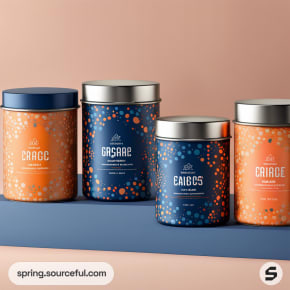 Four cylindrical containers with blue and orange dotted designs on a gradient background. Two have blue lids, two silver.