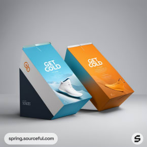 Two triangular prism boxes in blue and orange with sneaker images.