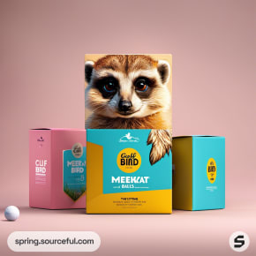 Golf ball box featuring a large meerkat illustration with pink, yellow, and teal accents.