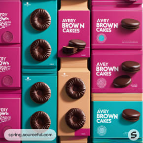 Vertical display of snack boxes in magenta and teal with round chocolate and cake imagery.