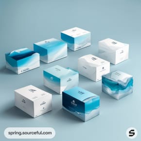 Assortment of shoe boxes in blue-white gradient designs on a light blue surface.