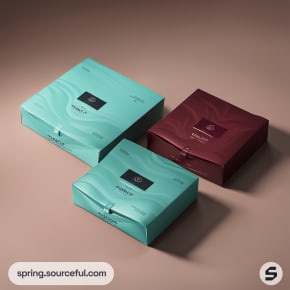 Three wave-patterned boxes in teal and burgundy on a brown background.