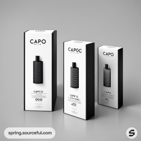 Set of three boxed bottles with black and white designs, featuring modern rectangular shapes.