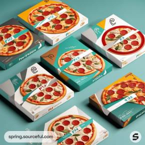Six colorful pizza boxes with varying designs, showcasing pepperoni pizzas on top.