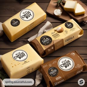 Four Cheese Boy cheese blocks in yellow and brown packaging with herbs on a wooden board.