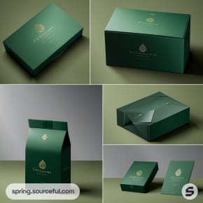 Various green boxes with gold logos, arranged stylishly