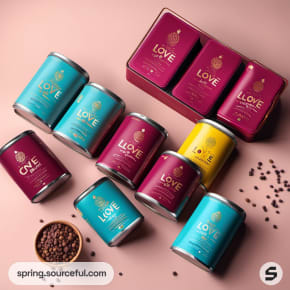 Array of maroon and teal tins with coffee beans on a pink surface.