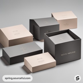 Elegant nested boxes in gray and beige tones with branding on each box.