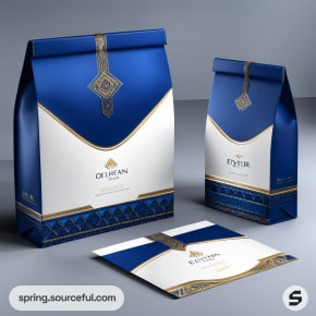 Blue and white food packaging with gold accents and decorative design elements.