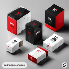 Assorted boxes with angular designs in black, red, and white.